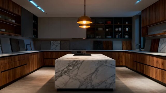 Medium shot featuring a 3D kitchen design with various countertop materials and lighting schemes for personalized styling.
