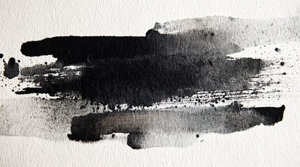 Abstract black ink brush strokes on white textured paper background