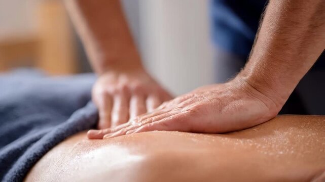 Closeup of deep tissue massage technique targeting tension points with firm pressure to relieve muscle knots and soreness.
