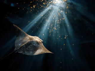 Graceful manta ray swimming through deep ocean illuminated by sun rays.