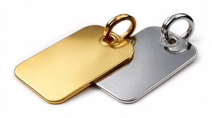 Close-up of Gold and Silver Metal Dog Tag Keychains on White Background
