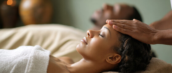 Woman enjoying a relaxing head massage during a wellness spa treatment.