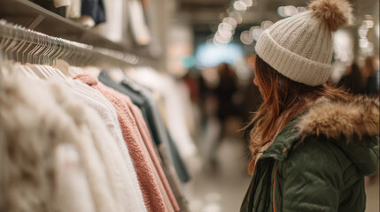 Woman browsing winter clothes in a fashion store.