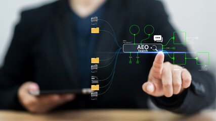 Enterprise marketing utilizes AEO answer engine optimization ranking analysing artificial intelligence cloud technology network workflow database storage resource