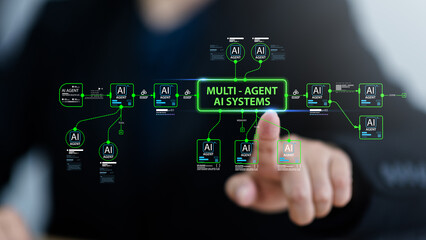 Corporate organisation utilizes multi agent technology regarding artificial intelligence process analysis depicting workflow task communication strategy optimization diagram.