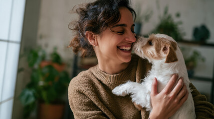 Happy woman cuddling her small dog at home, sharing a warm moment.
