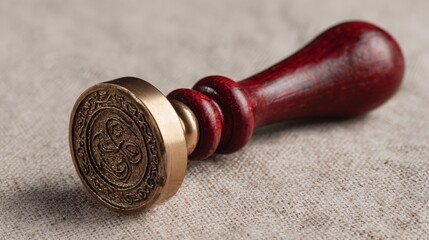 Close-up of Vintage Red Wooden Wax Seal Stamp on Linen Fabric