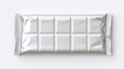 Unwrapped white chocolate bar with glossy silver foil on white background