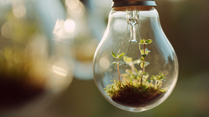 Small green plants growing inside a light bulb symbolizing sustainable innovation.