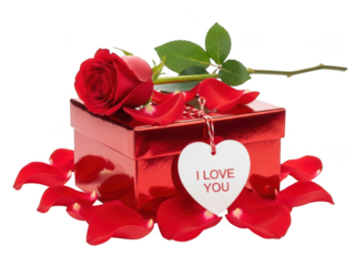 Red rose and gift box with heart-shaped tag isolated on transparent background