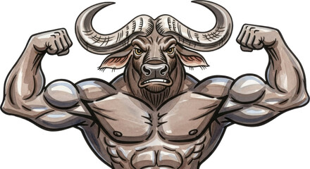 Muscular bull character showing off strength isolated on transparent background