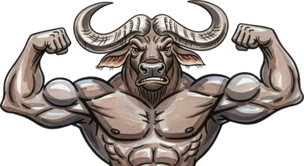 Muscular bull character showing off strength isolated on transparent background