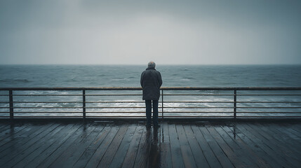 Lonely Senior Man Looking At The Ocean From A Pier