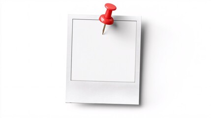 Blank white photo frames pinned with red pushpin on white background