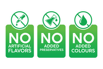 Set of three green icons for natural products: "No Artificial Flavors," "No Added Preservatives," and "No Added Colours." Vector labels for organic food packaging and clean ingredient marketing.
