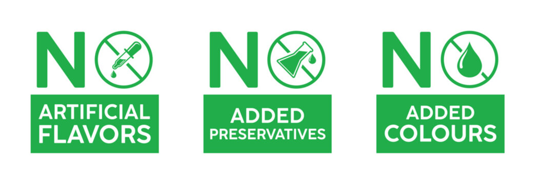 Set of three green icons for natural products: "No Artificial Flavors," "No Added Preservatives," and "No Added Colours." Vector labels for organic food packaging and clean ingredient marketing.