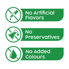 Set of three green icons for natural products: "No Artificial Flavors," "No Added Preservatives," and "No Added Colours." Vector labels for organic food packaging and clean ingredient marketing.