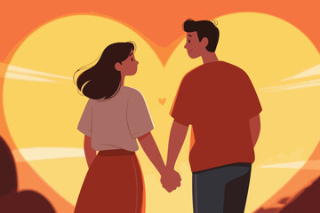 Couple holding hands at sunset with glowing heart background in romantic outdoor Valentine scene.