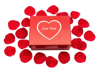 Red gift box with heart and rose petals isolated on transparent background