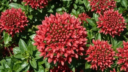 Clusters of red flowers with green leaves, resembling hardy plants or shrubs, in a garden or natural setting.