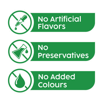 Set of three green icons for natural products: "No Artificial Flavors," "No Added Preservatives," and "No Added Colours." Vector labels for organic food packaging and clean ingredient marketing.