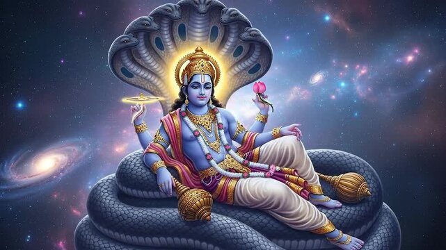 Vishnu reclining on the cosmic serpent Ananta in a celestial depiction.