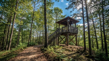 A wooden lookout tower in a forest with tall trees and a clear sky. Nature and outdoor activity scene. The concept of wilderness and exploration.