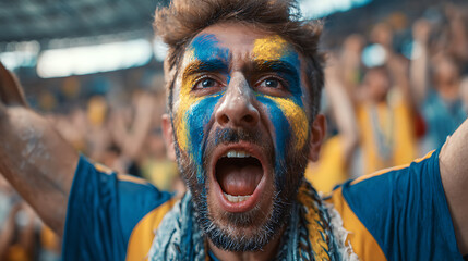 Ecstatic Soccer Fan Celebrating Goal And Victory In Stadium Crowd