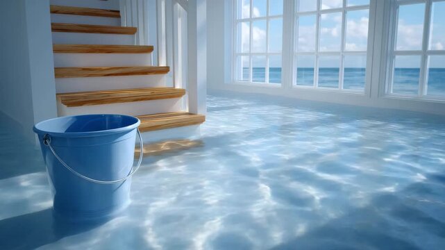 Minimalist modern basement partially submerged in water, wooden staircase visible in reflection, blue bucket near center, sunlight streaming through large windows creating soft hig