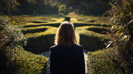 Confused Woman Standing In A Maze Looking For A Way Out