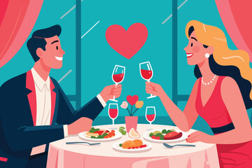 Couple toasting red wine at romantic dinner table with heart decor in elegant Valentine restaurant setting.