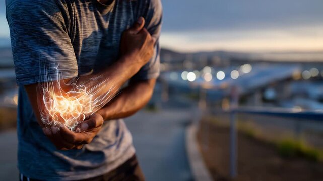 Outdoor gym setting with athlete clutching his elbow during a workout, semi-transparent glowing visualization of the elbow joint highlighting injury, dramatic shadows adding intens