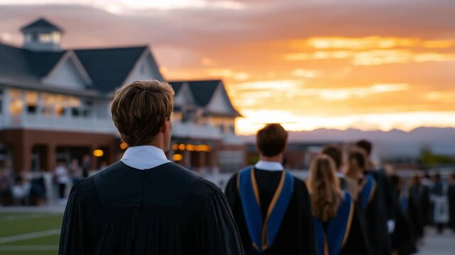 Over-the-shoulder view of a line of students in graduation attire, walking towards the ceremony, sunset sky and distant campus buildings bathed in soft orange light