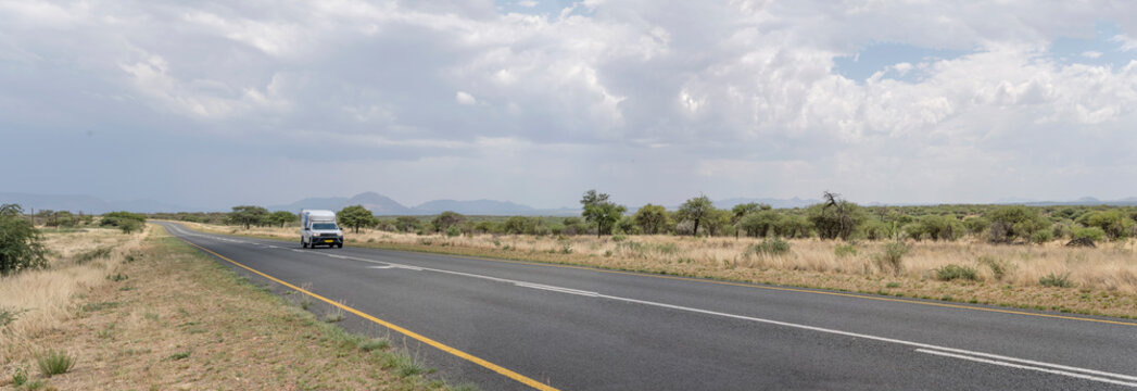 C23 road in green country landscape near Hohewarte, Namibia