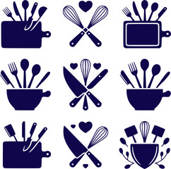 Minimal black and white vector illustration of cooking utensils and kitchen tools with heart symbols. Ideal for food branding, cafe logos, posters and handmade designs.