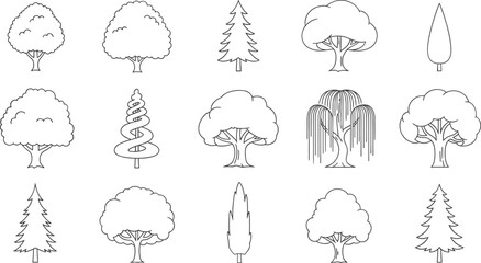 Set of fifteen black outline tree icons featuring various species like pine and willow for nature landscape and environmental design. (20 words)