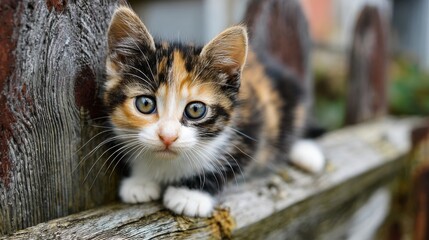 A calico kitten perched on a wooden fence, showcasing its colorful fur and curious expression.