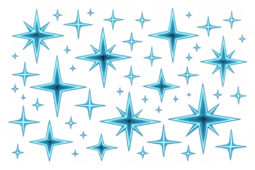Blue glowing star shapes and twinkle light effects creating a sparkling pattern on transparent background