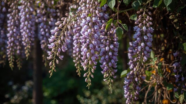 Clusters of purple wisteria flowers hanging from a plant. - Powered by Adobe