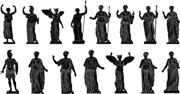 Set of fifteen black silhouettes featuring ancient Greek and Roman statues of gods and goddesses for classical history and mythology designs. (20 words)