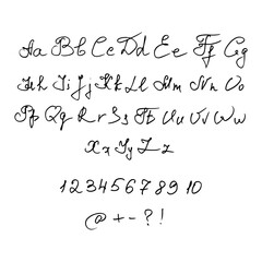 Handwriting English alphabet, script font.