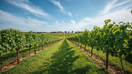 Naklejka premium Vineyard rows under blue sky with clouds on a sunny day. Agriculture and farming, concept. Nature and landscape photography. The concept of agriculture and crop cultivation.