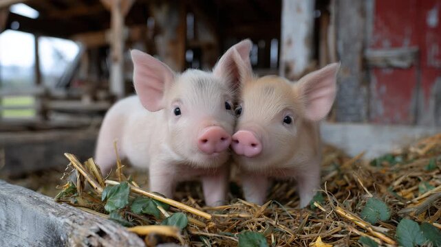 Playful piglets with floppy ears touching noses, green grass and rustic barn in the background, morning dew glistening on the straw