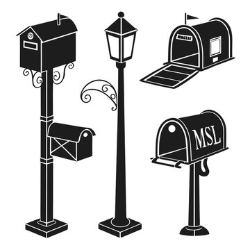 Collection of mailboxes and lamp post