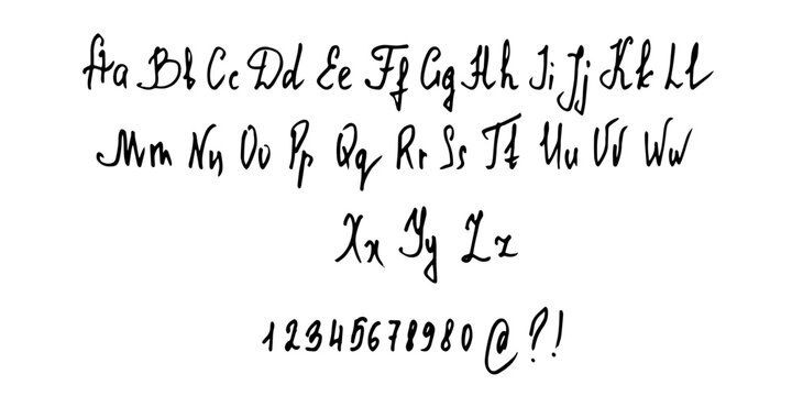 Handwriting English alphabet, script font.