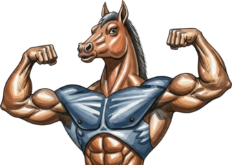 Muscular horse character with blue armor flexing muscles isolated on transparent background