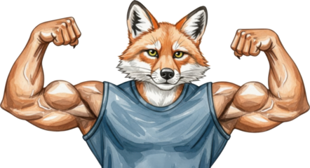 Strong fox character flexing muscles isolated on transparent background