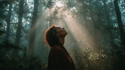 Content Woman Practicing Mindfulness In Deep Forest Nature