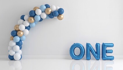 Creative 3D Number One Illustration Using Spherical Elements, achievement and first place concept