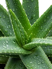 Closeup of aloe vera plant with water droplets on isolated green leaves